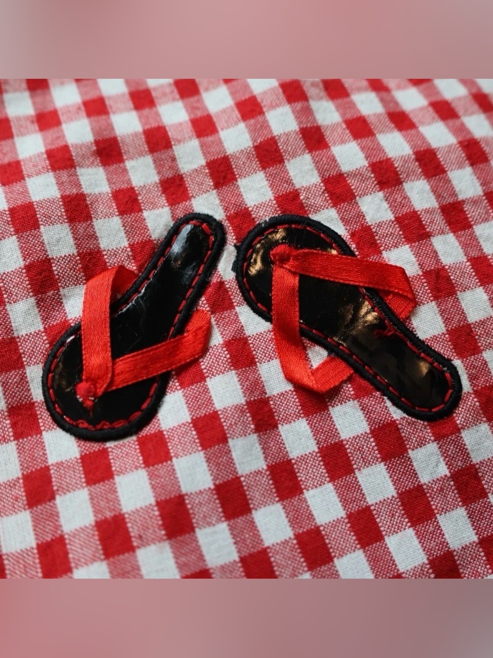 Red Gingham Picnic Novelty Applique Rockabilly Blouse Top Womens Large - Picture 7 of 16